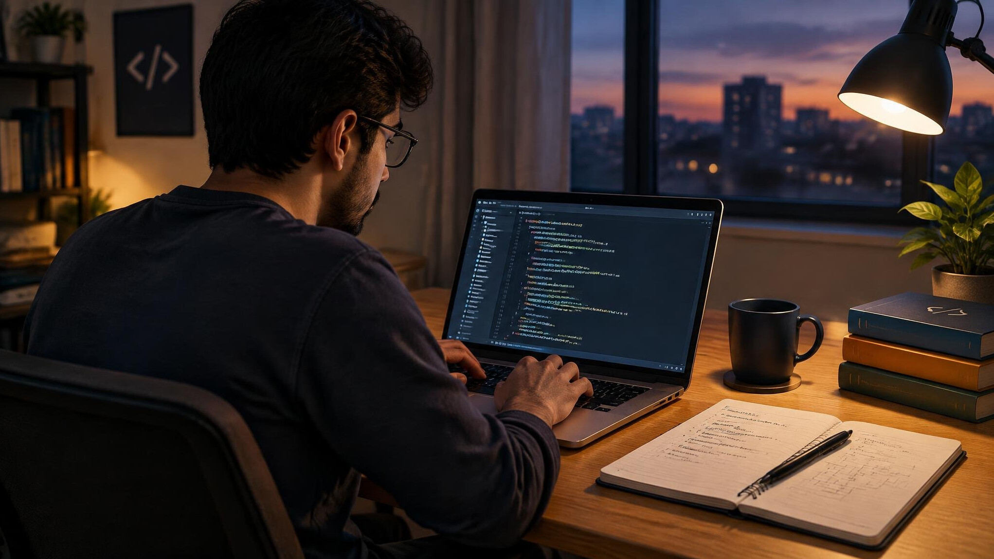 person coding on laptop after work
