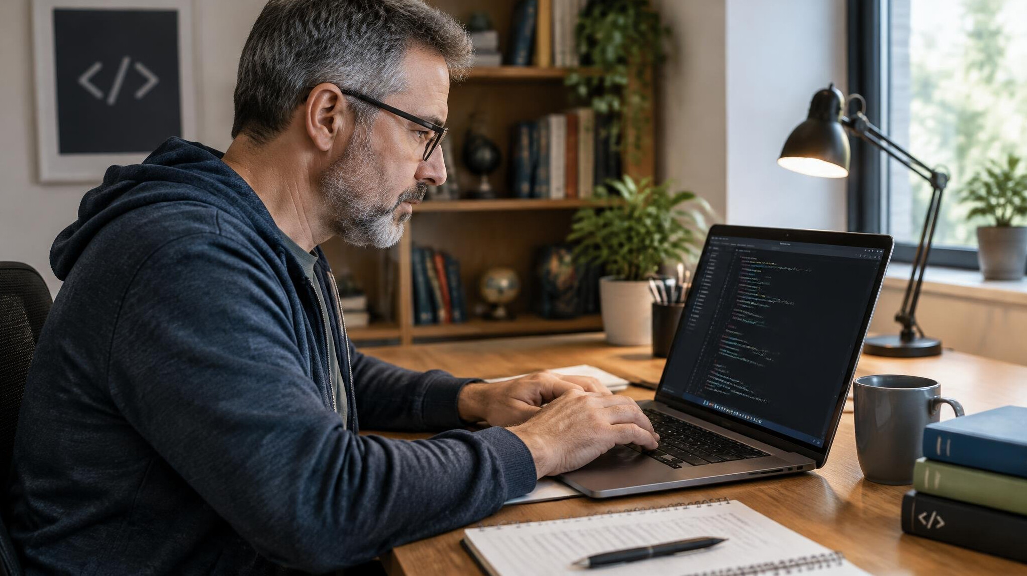 middle aged programmer at desk
